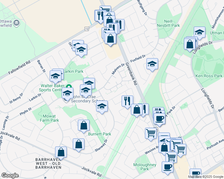 map of restaurants, bars, coffee shops, grocery stores, and more near 173 Thistledown Court in Ottawa