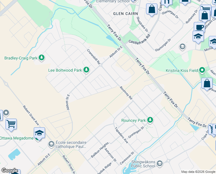 map of restaurants, bars, coffee shops, grocery stores, and more near 94 Feathertop Lane in Ottawa