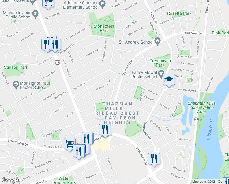 map of restaurants, bars, coffee shops, grocery stores, and more near 192 Windhurst Drive in Ottawa