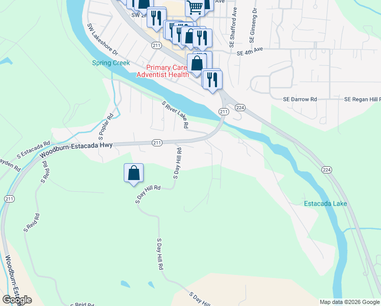 map of restaurants, bars, coffee shops, grocery stores, and more near 22525 South Day Hill Road in Estacada
