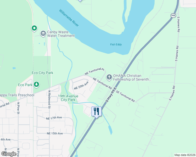 map of restaurants, bars, coffee shops, grocery stores, and more near 2114 North Vine Street in Canby