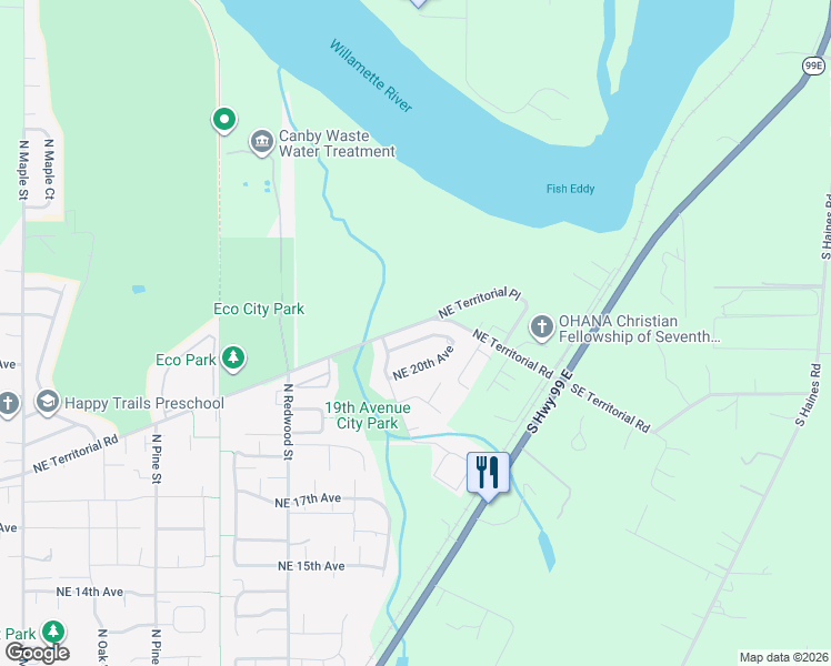 map of restaurants, bars, coffee shops, grocery stores, and more near 1880 Northeast 21st Avenue in Canby