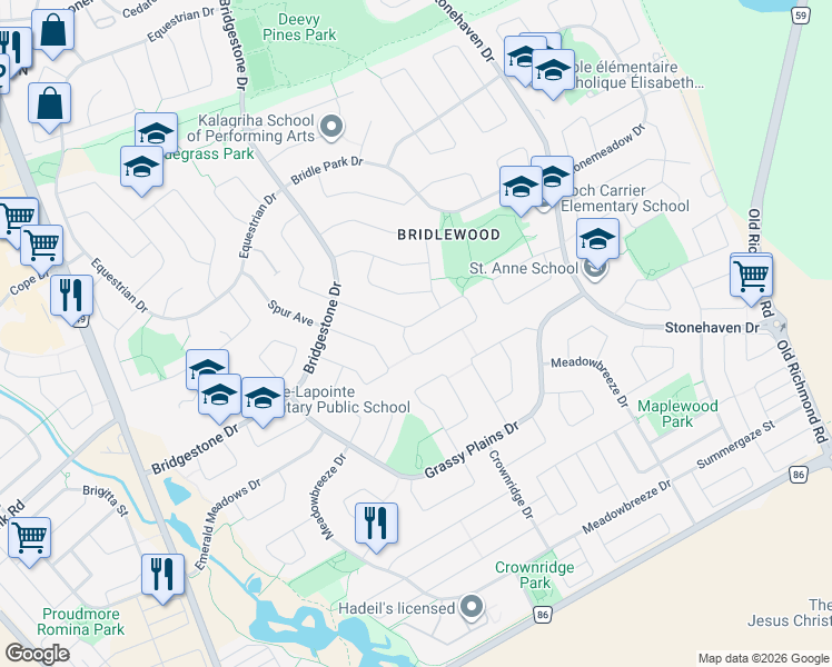 map of restaurants, bars, coffee shops, grocery stores, and more near 78 Saddlesmith Circle in Ottawa