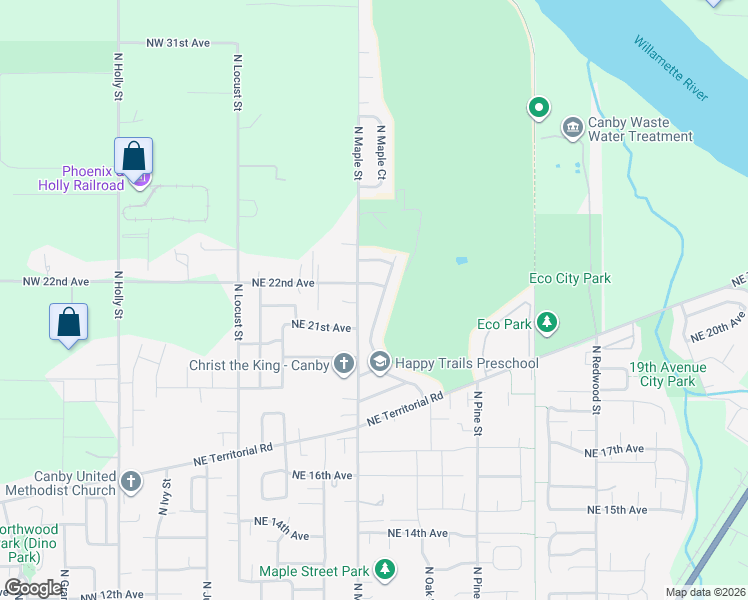 map of restaurants, bars, coffee shops, grocery stores, and more near 2140 North Maple Street in Canby