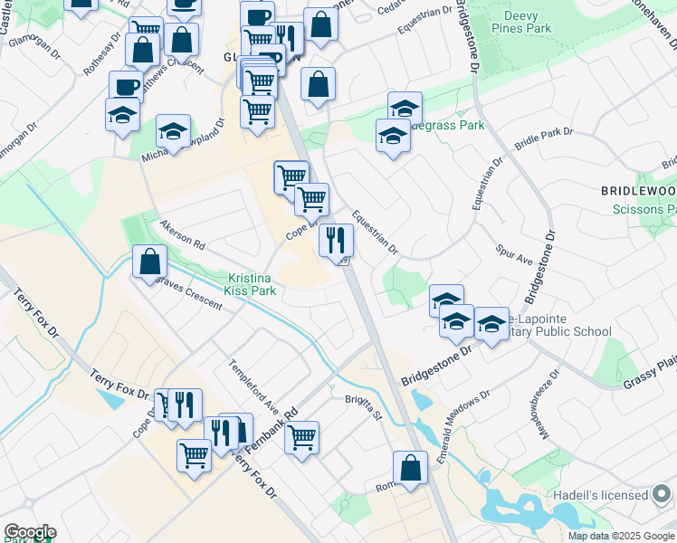 map of restaurants, bars, coffee shops, grocery stores, and more near 781 Eagleson Road in Ottawa