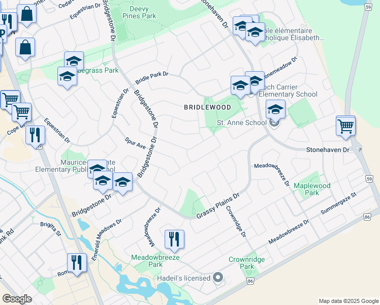 map of restaurants, bars, coffee shops, grocery stores, and more near 74 Saddlesmith Circle in Ottawa