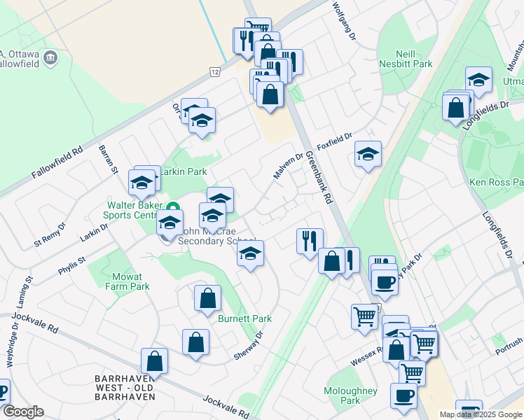 map of restaurants, bars, coffee shops, grocery stores, and more near 80 Thistledown Court in Ottawa