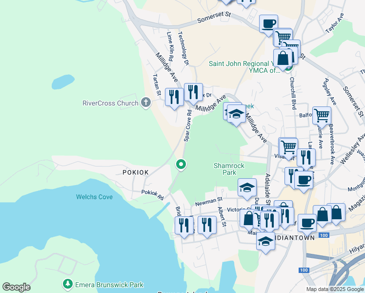 map of restaurants, bars, coffee shops, grocery stores, and more near 82 Spar Cove Road in Saint John