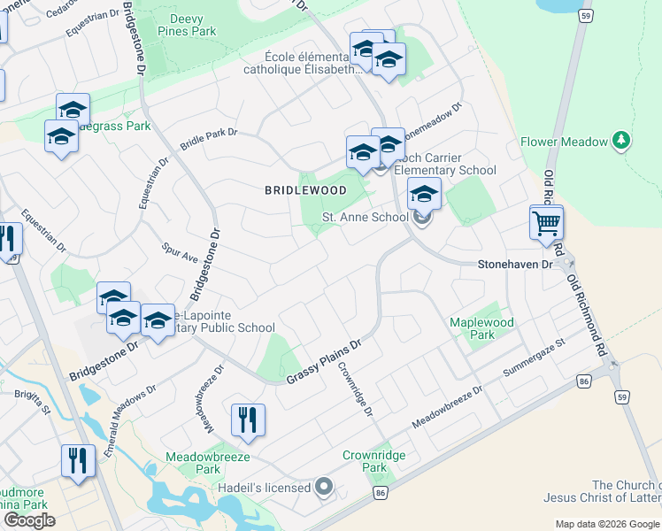 map of restaurants, bars, coffee shops, grocery stores, and more near 39 Farmfield Crescent in Ottawa