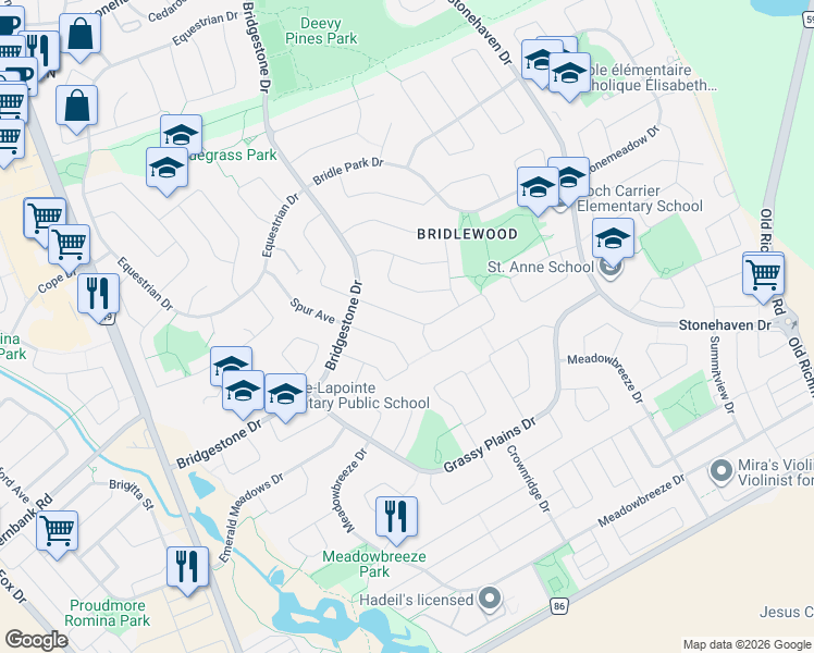 map of restaurants, bars, coffee shops, grocery stores, and more near 58 Saddlesmith Circle in Ottawa