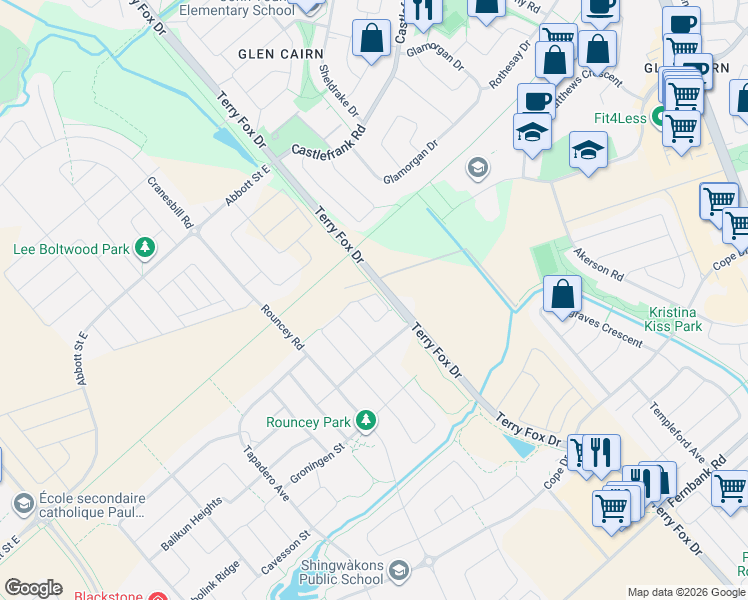 map of restaurants, bars, coffee shops, grocery stores, and more near 167 Gelderland Private in Ottawa