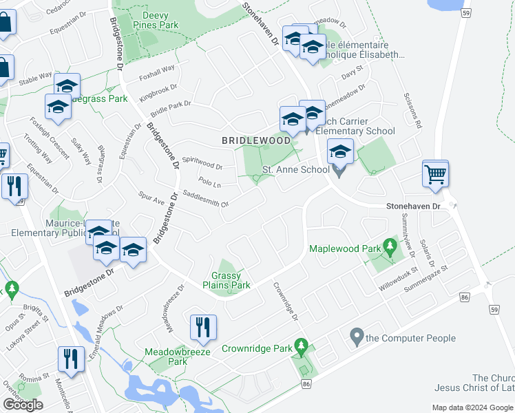map of restaurants, bars, coffee shops, grocery stores, and more near 263 Saddlesmith Circle in Ottawa