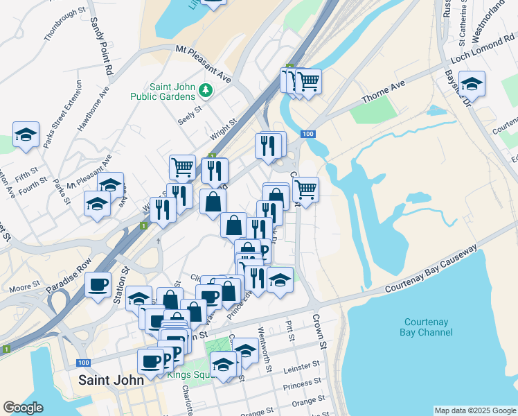 map of restaurants, bars, coffee shops, grocery stores, and more near 250 Waterloo Street in Saint John