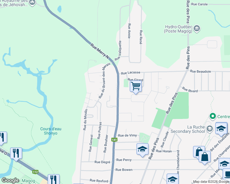 map of restaurants, bars, coffee shops, grocery stores, and more near 1025 Rue Merry Nord in Magog