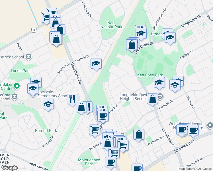 map of restaurants, bars, coffee shops, grocery stores, and more near 273 Via San Marino Street in Ottawa