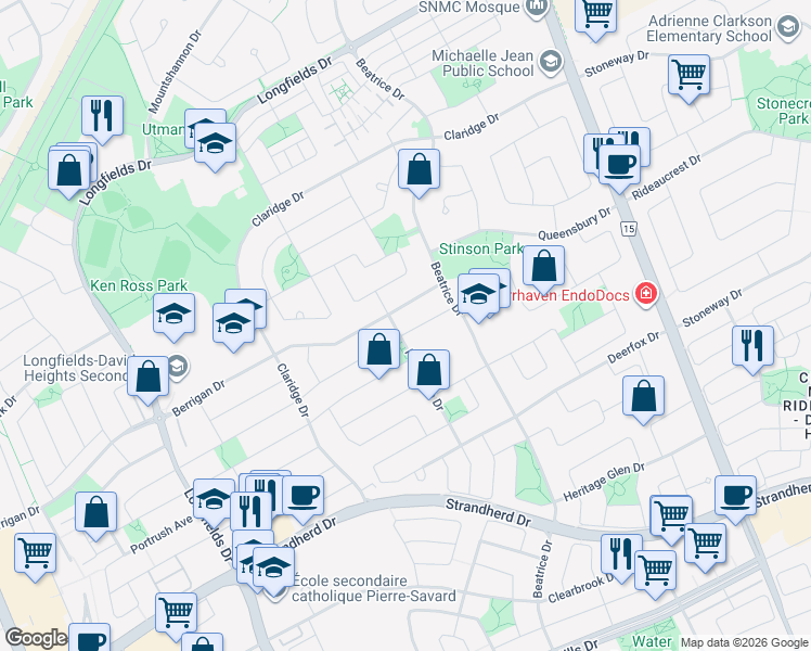 map of restaurants, bars, coffee shops, grocery stores, and more near 44 Calaveras Avenue in Ottawa