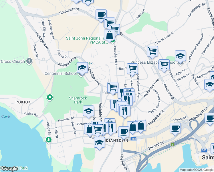map of restaurants, bars, coffee shops, grocery stores, and more near 226 Harrington Street in Saint John