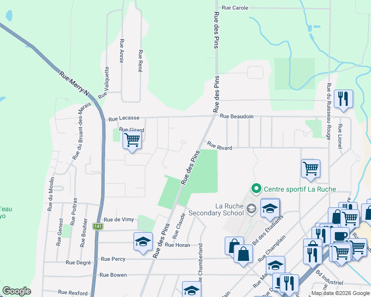 map of restaurants, bars, coffee shops, grocery stores, and more near 442 Rue Docteur John-A.-Bryant in Magog