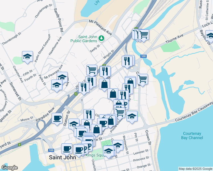 map of restaurants, bars, coffee shops, grocery stores, and more near 11 Ritchie Street in Saint John