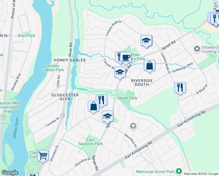 map of restaurants, bars, coffee shops, grocery stores, and more near 4136 Wolfe Point Way in Ottawa