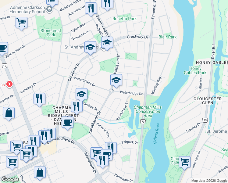map of restaurants, bars, coffee shops, grocery stores, and more near 51 Waterbridge Drive in Ottawa