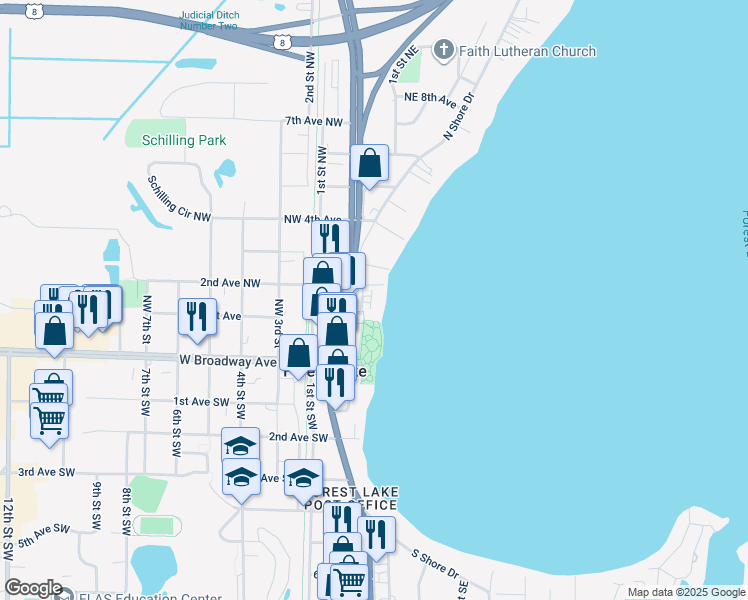 map of restaurants, bars, coffee shops, grocery stores, and more near 97 Northeast 1st Street in Forest Lake