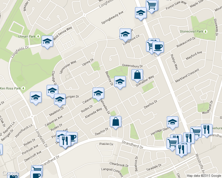 map of restaurants, bars, coffee shops, grocery stores, and more near 7 Calaveras Avenue in Ottawa