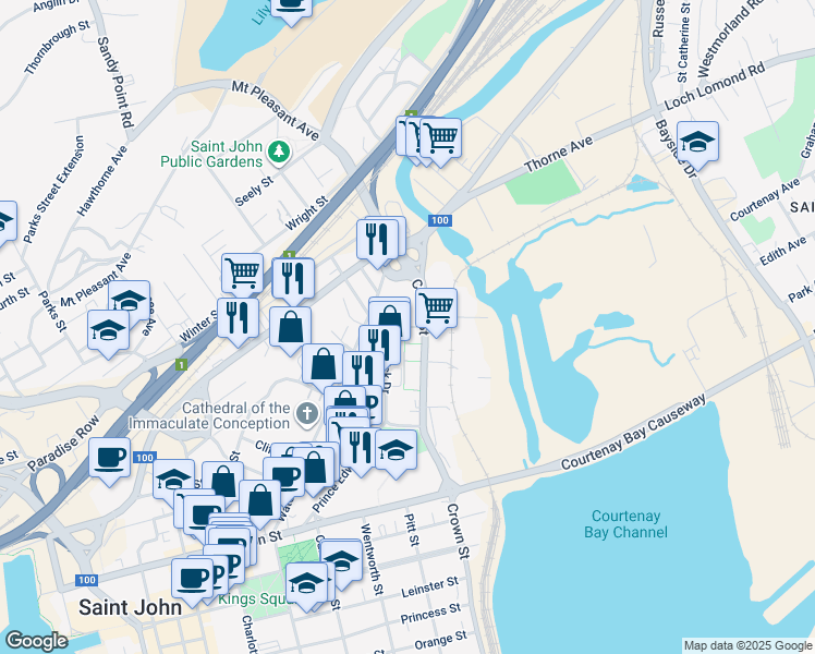 map of restaurants, bars, coffee shops, grocery stores, and more near Eglington Ct in St John