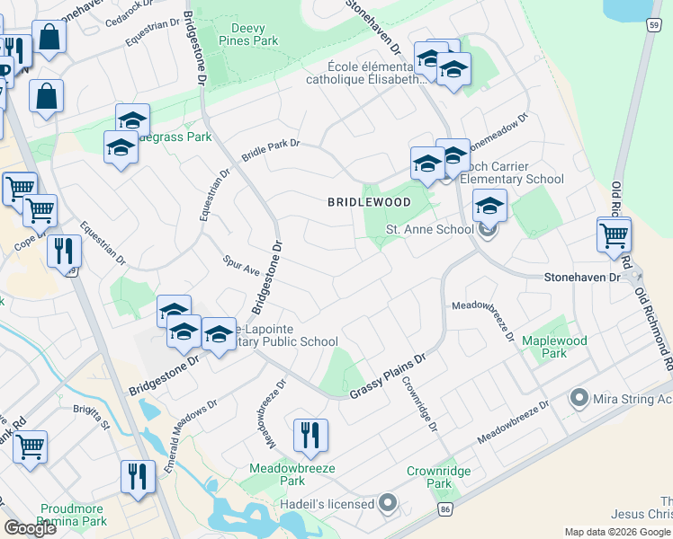 map of restaurants, bars, coffee shops, grocery stores, and more near 79 Saddlesmith Circle in Ottawa