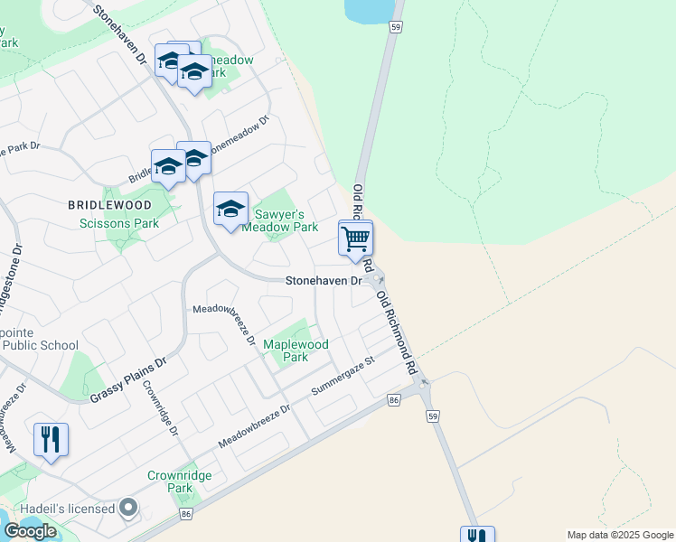 map of restaurants, bars, coffee shops, grocery stores, and more near 111 Landover Crescent in Ottawa