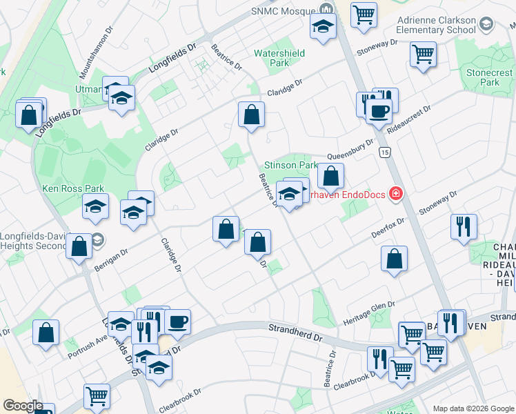 map of restaurants, bars, coffee shops, grocery stores, and more near 20 Calaveras Avenue in Ottawa