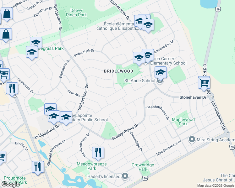 map of restaurants, bars, coffee shops, grocery stores, and more near 110 Saddlesmith Circle in Ottawa
