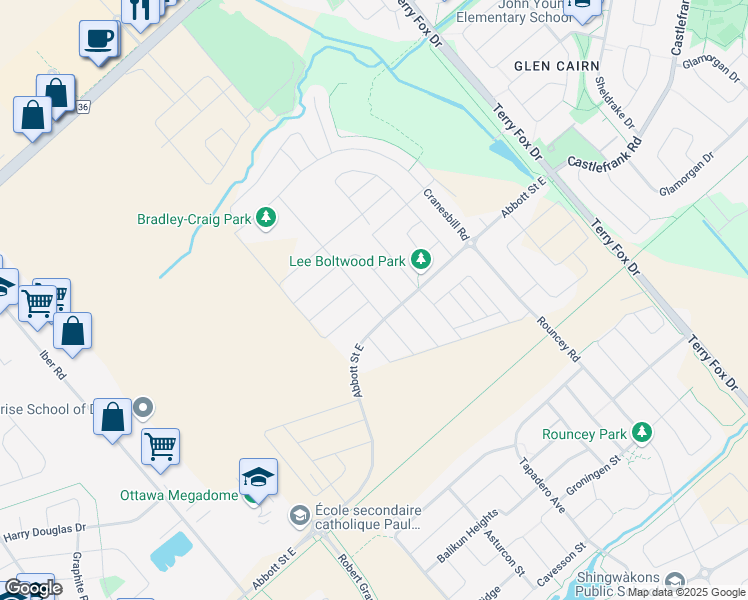 map of restaurants, bars, coffee shops, grocery stores, and more near 556 Triangle Street in Ottawa