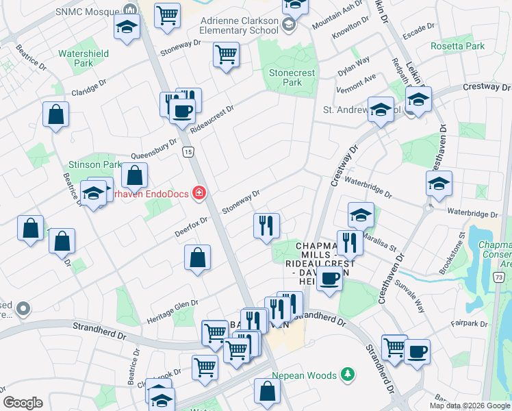 map of restaurants, bars, coffee shops, grocery stores, and more near 7 Windhurst Drive in Ottawa