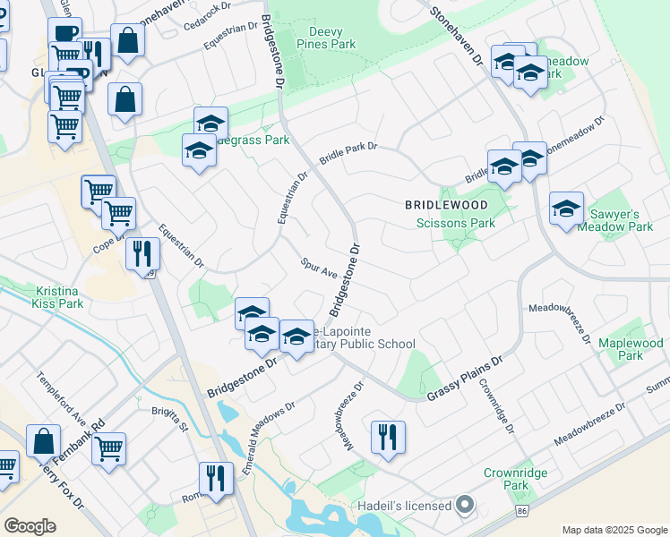 map of restaurants, bars, coffee shops, grocery stores, and more near 43 Spur Avenue in Ottawa