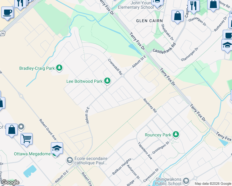 map of restaurants, bars, coffee shops, grocery stores, and more near 700 Juneberry Lane in Ottawa