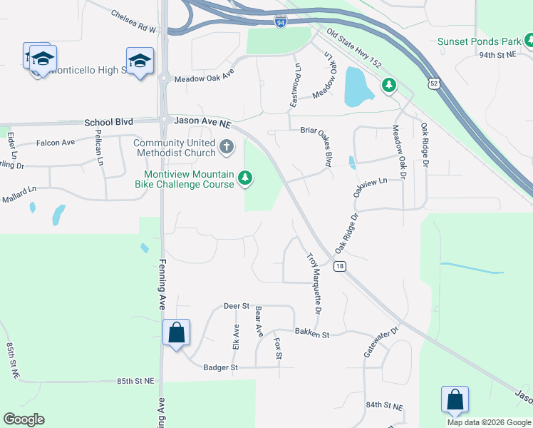 map of restaurants, bars, coffee shops, grocery stores, and more near 6100 Wildwood Way in Monticello