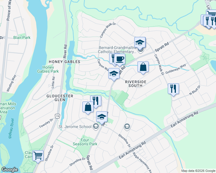 map of restaurants, bars, coffee shops, grocery stores, and more near 4175 Spratt Road in Ottawa
