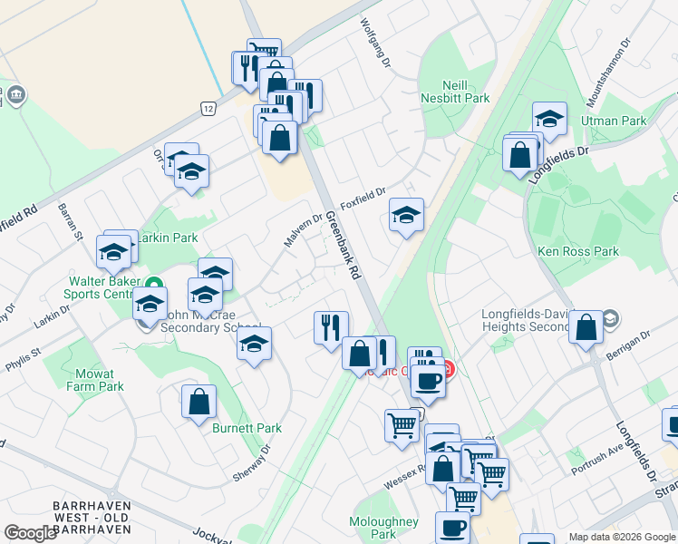 map of restaurants, bars, coffee shops, grocery stores, and more near 155 Thistledown Court in Ottawa