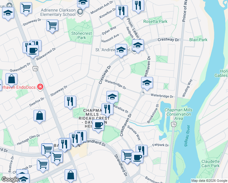 map of restaurants, bars, coffee shops, grocery stores, and more near Oldfield Street in Ottawa