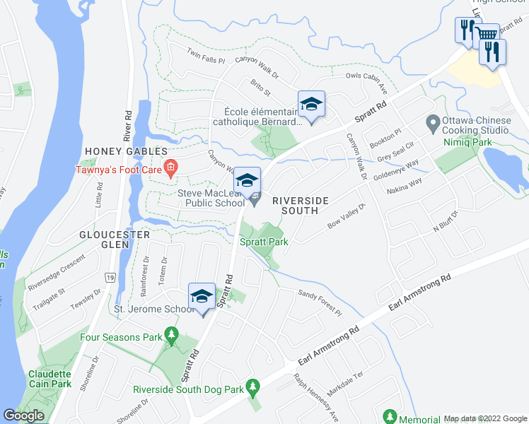 map of restaurants, bars, coffee shops, grocery stores, and more near 4175 Spratt Road in Ottawa