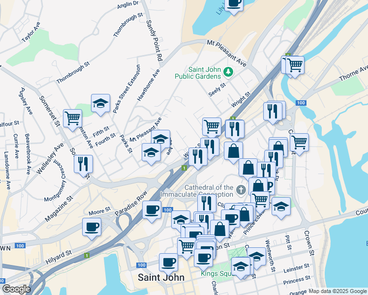 map of restaurants, bars, coffee shops, grocery stores, and more near 55 Winter Street in Saint John