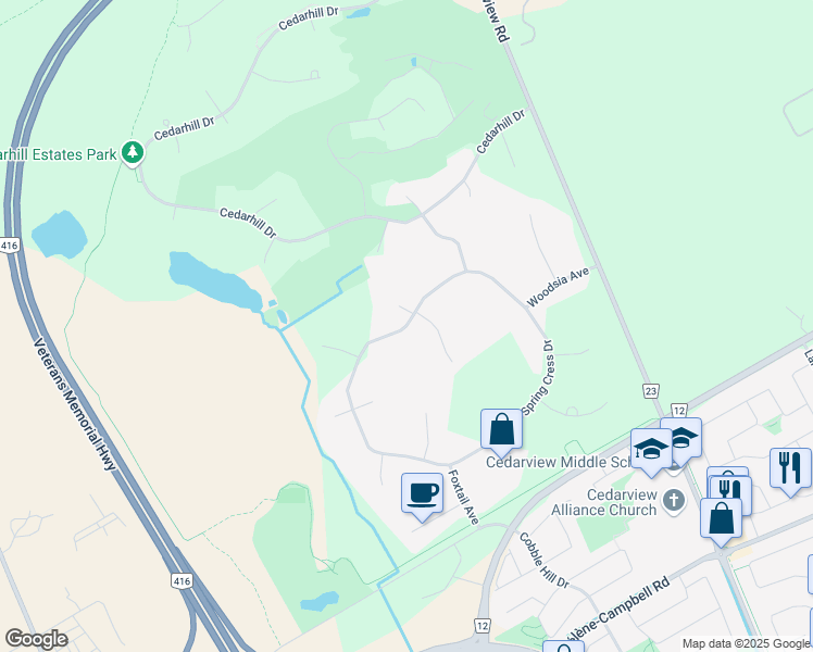map of restaurants, bars, coffee shops, grocery stores, and more near Spring Cress Drive in Ottawa