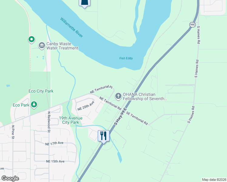 map of restaurants, bars, coffee shops, grocery stores, and more near 1920-2138 NE Territorial Pl in Canby