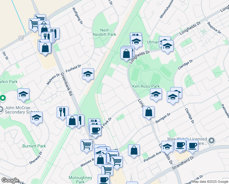 map of restaurants, bars, coffee shops, grocery stores, and more near Via Verona Avenue in Ottawa