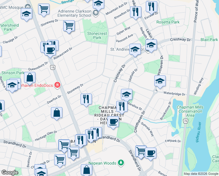 map of restaurants, bars, coffee shops, grocery stores, and more near 214 Windhurst Drive in Ottawa