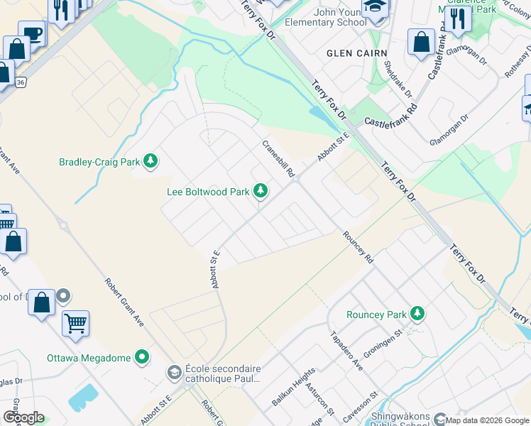 map of restaurants, bars, coffee shops, grocery stores, and more near 4884 Abbott Street East in Ottawa
