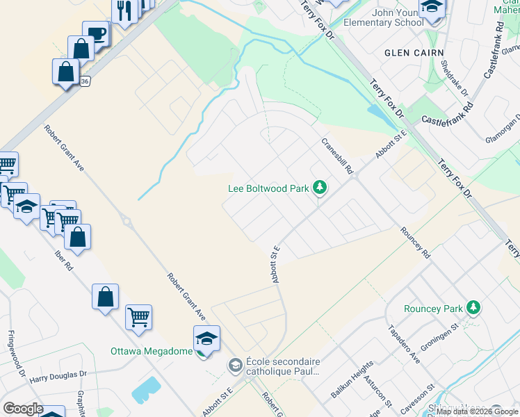 map of restaurants, bars, coffee shops, grocery stores, and more near 84 Warrior Street in Ottawa