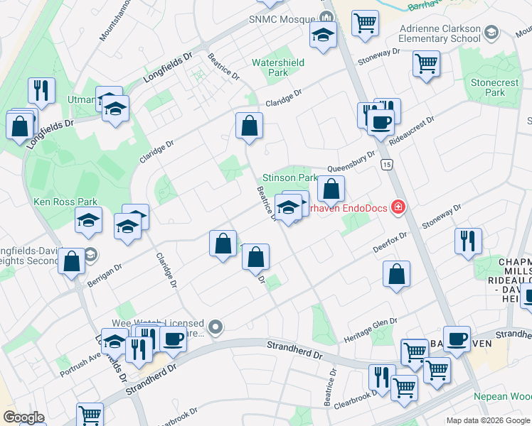 map of restaurants, bars, coffee shops, grocery stores, and more near 2 Calaveras Avenue in Ottawa