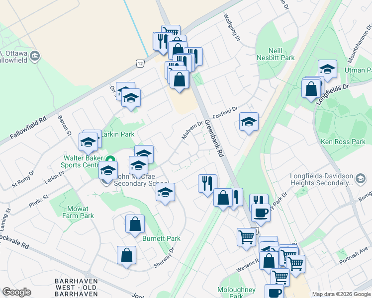 map of restaurants, bars, coffee shops, grocery stores, and more near 52 Thistledown Court in Ottawa